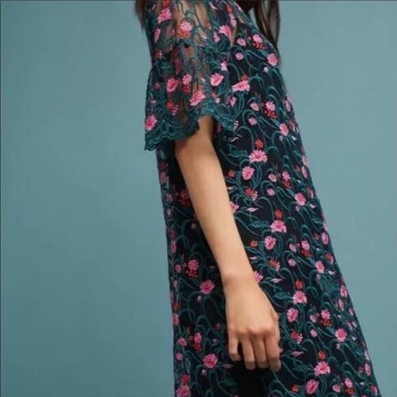 Anthropologie Moulinette Soeurs Black Pink Embroidered Floral Mesh Tunic S - Picture 4 of 10